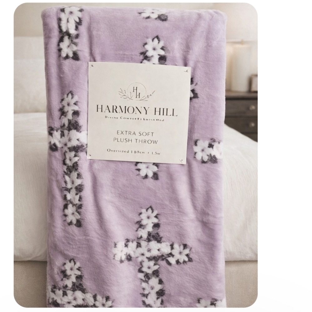 Lavender Floral Cross Plush Throw
